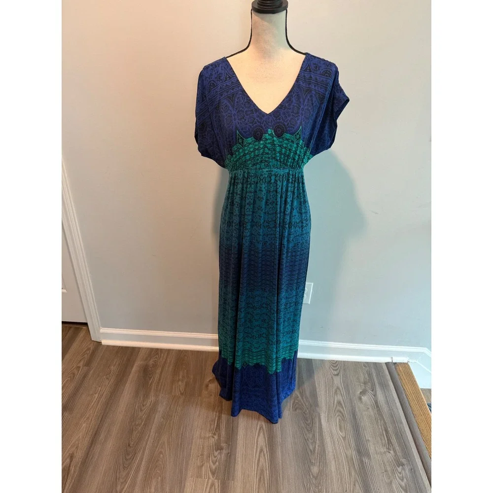 Soma Blue Teal Medallion Print Maxi Dress V-Neck Empire Waist size Medium